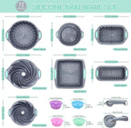 Tongjude 72 Pieces Silicone Bakeware Set, Nonstick Baking Pans Set, Easy Release Oven Silicone Pan for Kitchen with Cake Pans, Loaf Pans, Baking Cups, Measuring Cups and Spoons Set, Grey