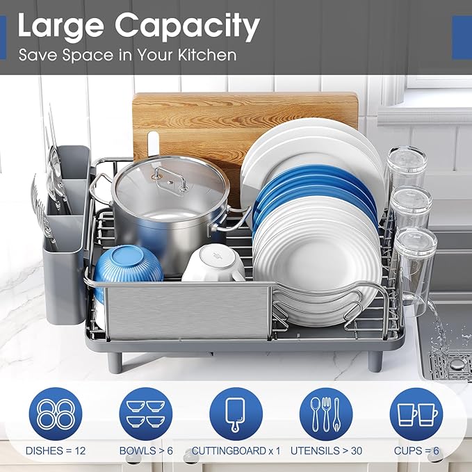 Stainless Steel Dish Drying Rack - Large Capcity 304 Grade Dish Drainer for Kitchen Counter with Drain Board, Utensil Holder & Detachable Cup Shelf, Rustproof Multifunctional Organizer