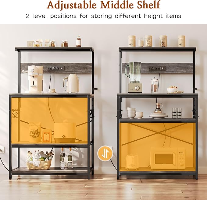 SUPERJARE Bakers Rack with Power Outlets, Microwave Stand, 31.5 X 16.5 Inch Larger Desktop, Kitchen Storage Rack with Adjustable Middle Shelf, 6 S-Shaped Hooks, Coffee Bar Stand, Grey