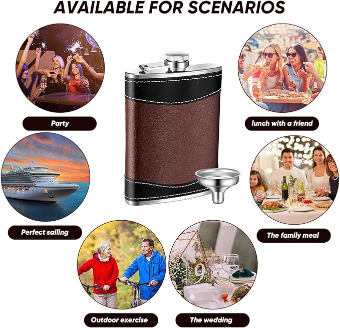 Rtteri 30 Set 8 oz Leather Hip Flasks for Liquor for Men Leak Proof Stainless Steel Drinking Flasks with Funnel Soft Wrap Whiskey Vessels for Wedding Bridesmaid Christmas Gifts (Brown)
