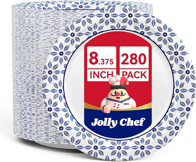 JOLLY CHEF 8.37 inch Paper Plates 280 Count Soak Proof, Cut Proof, Heavy Duty Printed Disposable Plate for Thanksgiving or Everyday Use