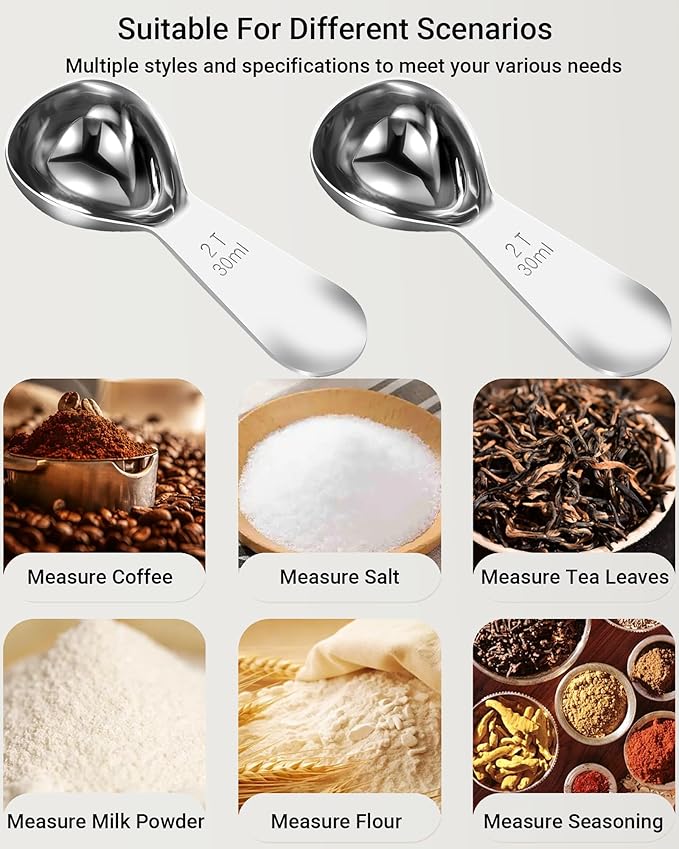 Coffee Scoop 30ml 2PCS, 2 Tablespoon Measuring Spoons, Ergonomics Design Coffee Scooper Stainless Steel Manufacture，Coffee Scoop for Ground Coffee Protein Powder Sugar Cereal (Silver, 2 tbsp-30ml)