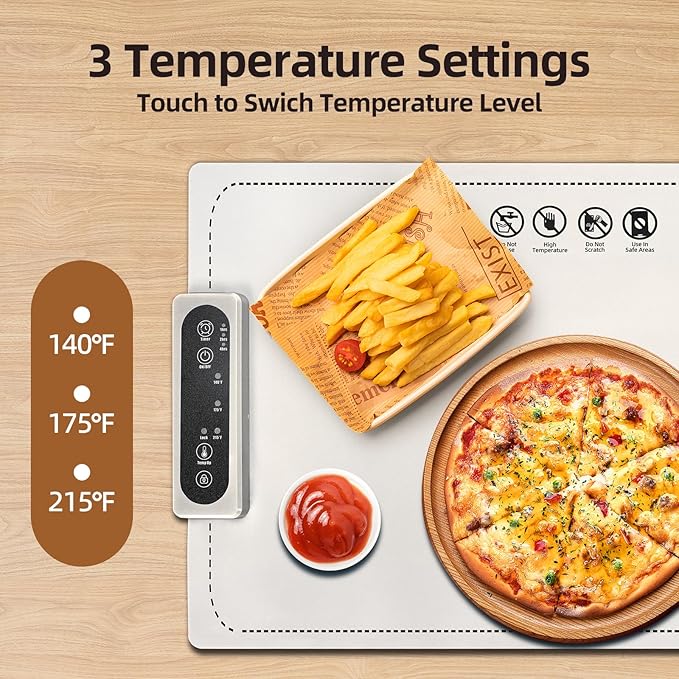 Food Warming Mat Electric Heating Tray for Buffets and Parties 3 Adjustable Temperature Settings from 40 to104 Degrees Fast Heating in 10 Seconds Child Safety Lock Easy to Clean (White)