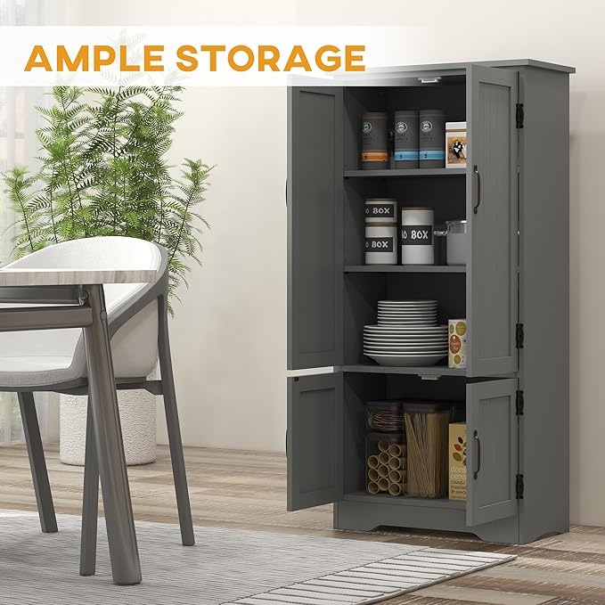 HOMCOM 48.5" Kitchen Pantry Cabinet with 2 Adjustable Shelves and 4 Beadboard Doors, Compact Farmhouse Kitchen Storage Cabinet for Dining Room, Gray
