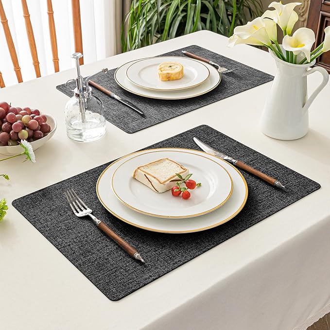 Romanstile Reversible Vinyl Placemats Set of 6, Faux Leather 100% Waterproof Oil-Proof Wipeable Place Mats, Heat Resistant Dual Sided Table Mats for Kitchen/Dining/Party (Grey Black, 12 x 17 Inch)