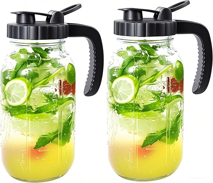 Glass Mason Jars Pitcher Half Gallon With Pour Spout Lid (2 Set) 2 Quart Wide Mouth Fridge Breast Milk Pitcher Airtight Leak Proof 64 oz Jug With Top Flip Cap For Cold Brew Coffee, Iced Tea, Beverage