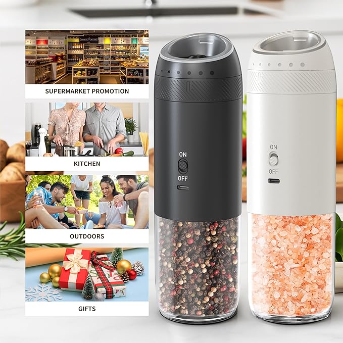 Electric Salt and Pepper Grinder Set – Rechargeable Gravity Automatic Pepper Mill Gift Set with LED Light & 6 Adjustable Coarseness