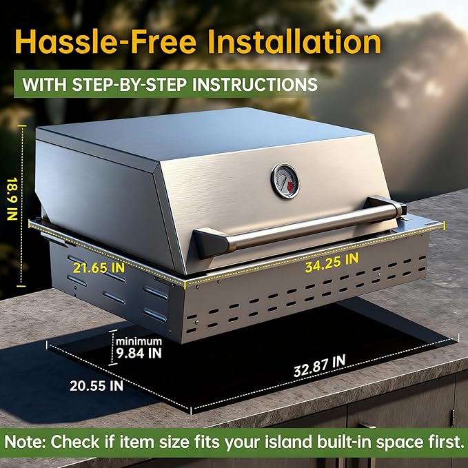 34-Inch Premium Built-In Liquid Propane Griddle for Outdoor Kitchen, 3-Burner Heavy Duty Stainless Steel Flat Top Grill with Lid, 48,000 BTUs, Large Cooking Area for BBQ Island, Outdoor Cooking,Silver