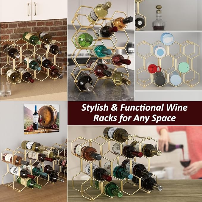 Buruis Countertop Wine Rack, 14-Bottle Modern Freestanding Metal Holder for Red and White Wine, Tabletop, Kitchen, Bar, and Cabinet Storage (Gold)