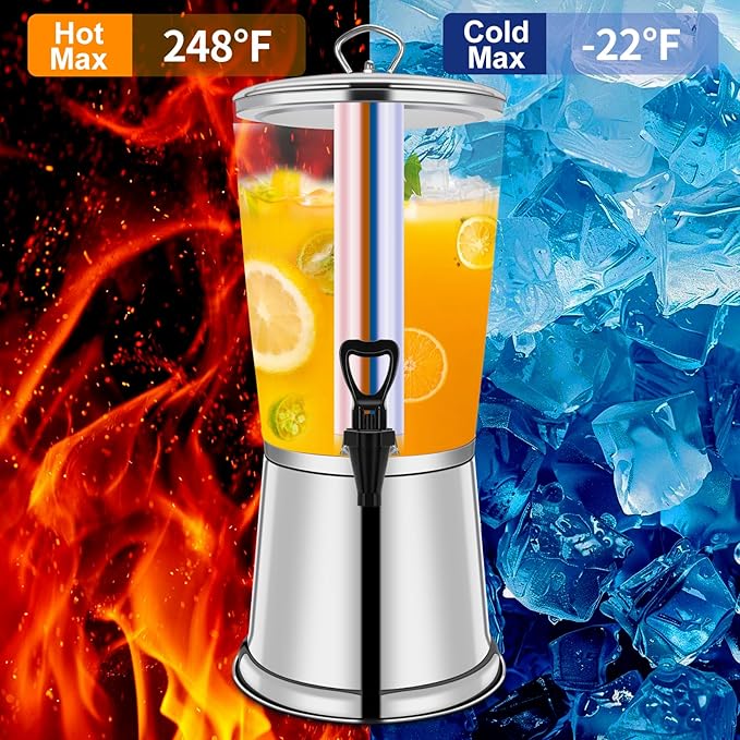 Beverage Dispenser With Stand, Iced Beverage Drink Dispenser, Stainless Steel Water Jar with Ice Container, Lemonade Drink Jar Jug For Buffet, Parties, Clear Acrylic, 2-GALLONS 8-L