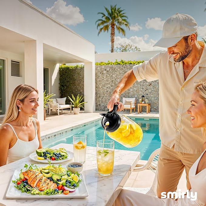 SMIRLY 64 oz Mason Jar Pitcher,Glass Pitcher with Wide Mouth,Water Jug with Double Leak Proof Lid for Iced Coffee,Hot Water,Breast Milk