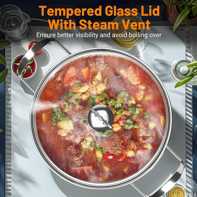 GOFLAME 12 Piece Pots & Pans Set, Stainless Steel Cookware Set with Tempered Glass Lids, Handles & 3-Ply Base, 4 Stockpots, 1 Frying Pan & 1 Sauce Pan for Stovetop, Induction, Halogen