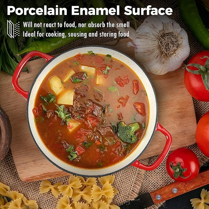 Cast Iron Casserole Braiser,3.8 Quart Enameled Cast Iron Pan,Heavy Duty Casserole Skillet with Lid and Dual Handles,Porcelain Surface Casserole Dish with Lid,Dutch Oven Gifts for Family,Red