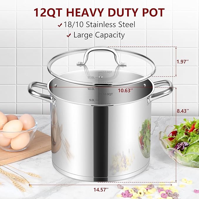 Herogo 12-Quart 18/10 Stainless Steel Stock Pot with Lid, Large Heavy Duty Soup Pot Compatible with Electric, Gas, Induction and Various Cooktops, Dishwasher Safe