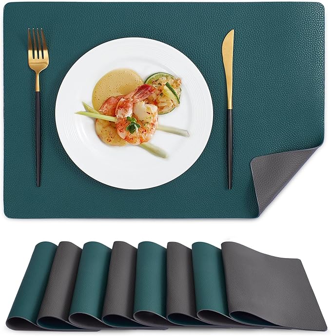 MOSAYT Vinyl Placemats Set of 8, Heat Resistant Place Mats 100% Waterproof Washable & Wipeable Faux Leather Reversible Table Mats for Kitchen Dining Party Indoor Outdoor, 12" x 17", Grey/Teal