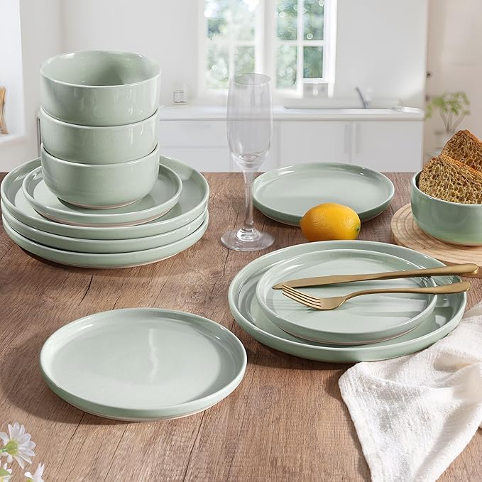 HaWare Stoneware Dinnerware Sets, 12-Piece Plates and Bowls Set for 4, Dishes Set for Home Restaurant, Speckled Asparagus Green