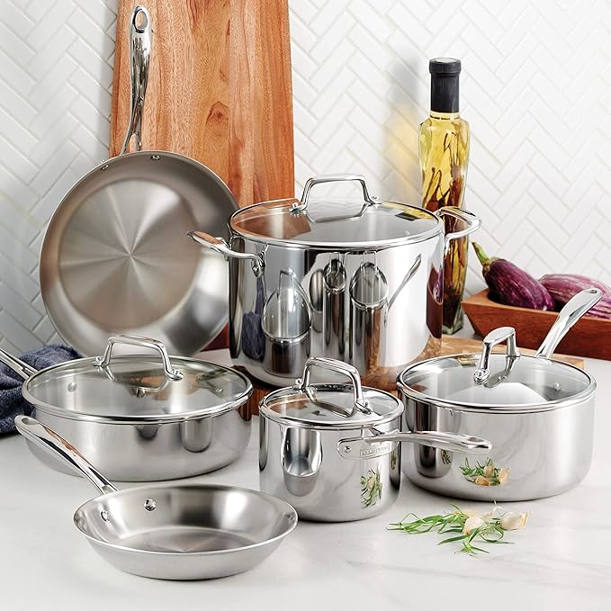 Tramontina Tri-Ply Clad Stainless Steel 10-Piece Cookware Set with Glass Lids, Pots and Pans Kitchen Set, Induction-Ready, Dishwasher-Safe, NSF-Certified