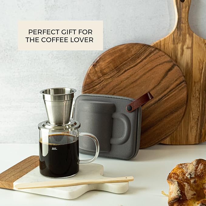 Travel Glass Pour Over Coffee maker Set 4pcs (Gray) | 18/2 Stainless Steel Filter Dripper and Lid | BPA Free Borosilicate Glass Mug | Paperless Drip Coffee Maker Pour Over For Coffee Lovers