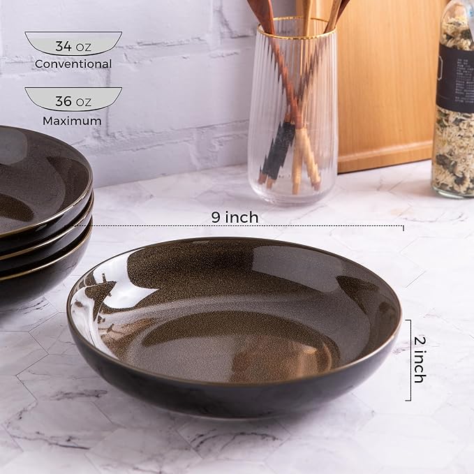 LERATIO Large Pasta Bowls,38oz Ceramic Pasta Bowls,9.0" Reactive Glaze Pasta Bowl Set of 6,Microwave & Dishwasher,Oven Safe,Wide Serving Bowls for Salad,Pasta,Fruit,Scratch Resistant-Coffee