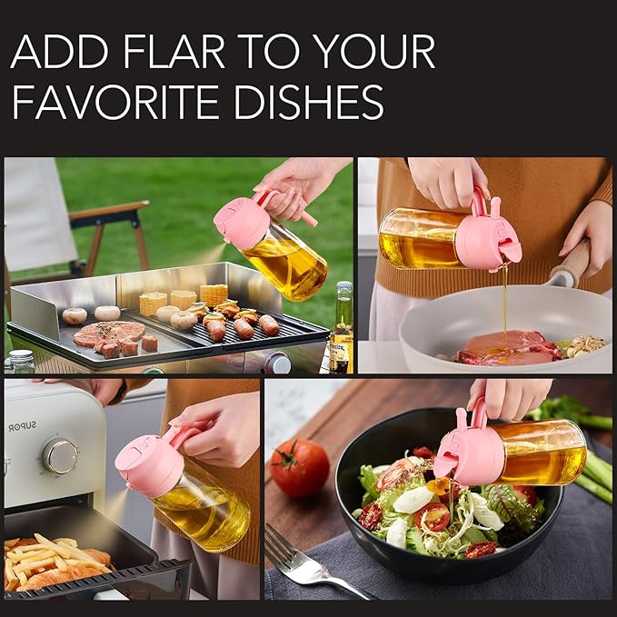 YARRAMATE 2Pcs 16oz/470ml Glass Olive Oil Sprayer for Cooking with Stickers, 2 in 1 Oil Dispenser for Kitchen Gadgets, Food Grade Premium Spray Bottle with Portion Control for Salad, BBQ (Pink&Black)