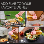 YARRAMATE 2Pcs 16oz/470ml Glass Olive Oil Sprayer for Cooking with Stickers, 2 in 1 Oil Dispenser for Kitchen Gadgets, Food Grade Premium Spray Bottle with Portion Control for Salad, BBQ (Pink&Black)