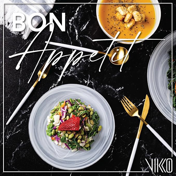 Vikko Lunch Plates, Set of 4 White Alabaster Plates, 8.5" Plate with Marbelized, Swirl Design, Elegant Glass Entrée Plate, Dishwasher Safe