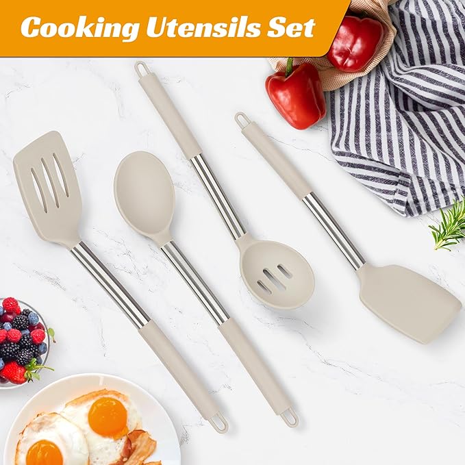 Kitchen Utensils Set of 4 Pack,Silicone Kitchen Utensils Set for Nonstick Cookware,Perfect for Baking and Mixing,Spatula Set BPA Free,Dishwasher Safe,Khaki