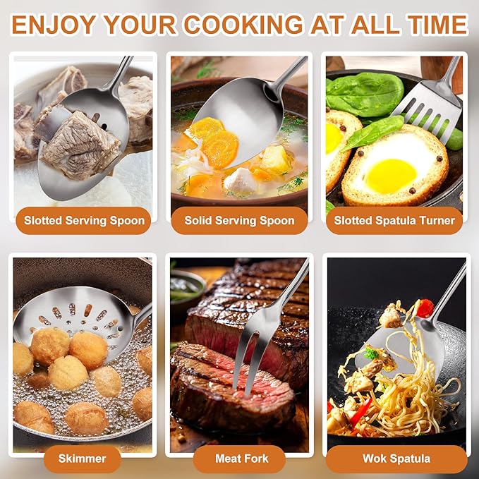 304 Stainless Steel Kitchen Utensils Set with Wooden Handle,12 Pcs Long Heat Resistant Metal Cooking Utensils Set,Spatula, Ladle, Skimmer, Spaghetti Spoon,Tongs,Potato Masher