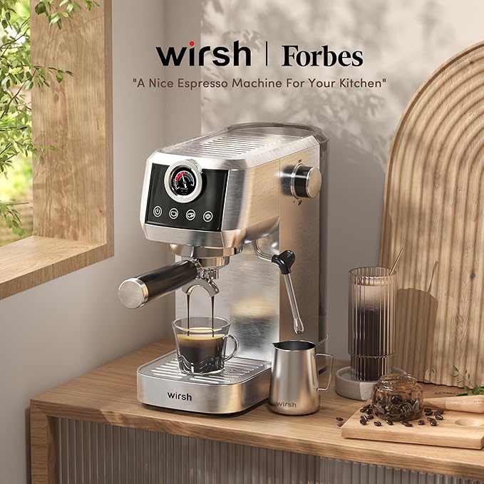 wirsh Espresso Machine, 20 Bar Semi-Automatic Espresso Maker with Pressure Gauge, Steam Wand, Stainless Steel Expresso Coffee Machine for Espresso/Latte/Cappuccino, Touch Screen,Home Barista Plus