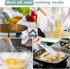 E-far Silicone Cooking Utensils Set, 446℉ Heat Resistant 10PCS Kitchen Utensils Set with Wooden Handle for Nonstick Cookware, Kitchen Tools Spatula Whisk Tongs Ladle, Non-toxic & Healthy, White