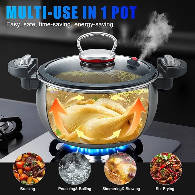 WELLOXY 3-Ply Stainless Steel Micro-Pressure Cooker 7.5Qt - Dutch Oven, Stock Pot, Stew Pots with Locking Lid for Soup, Braising, Pasta, Saves Time & Energy, Lead & PFOA Free (Not a High-Pressure Pot)