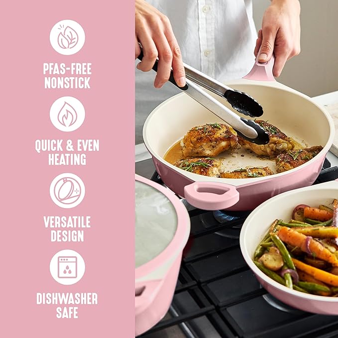 GreenLife 8 Piece Ceramic Nonstick Cookware Set, Induction Suitable Non Toxic PFAS-Free Pots & Pans, Dishwasher Safe, Cooking Set, Stock Pot, Saucepans & Frying Pans, Kitchen Cooking, Light Pink