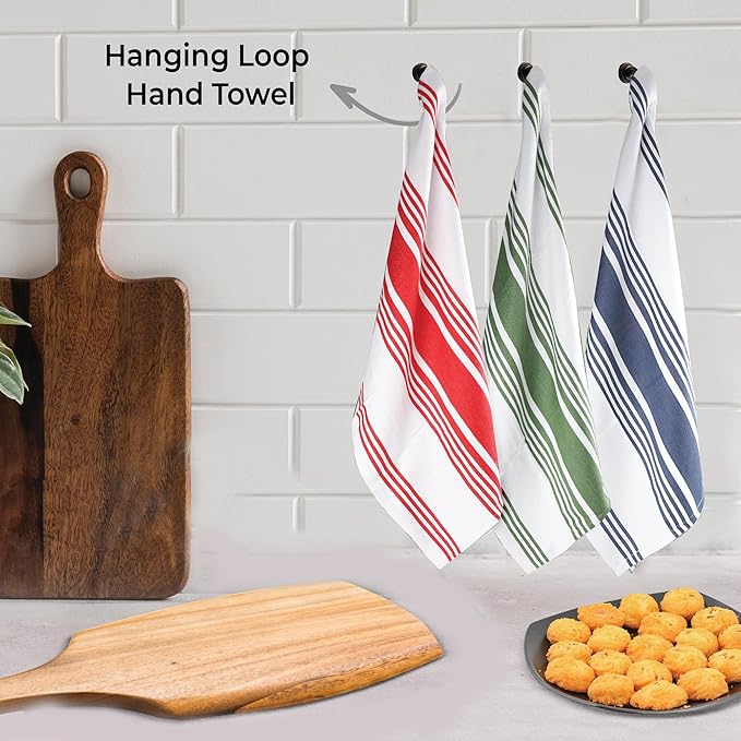 Urban Villa KitchenTowels 100% Cotton Pack of 3 Highly Absorbent Quick Drying Super Soft Premium Dish Towels for Kitchen with Hanging Loop Hand & Tea Towels - 20x30 Inch (Multi Color Striped)