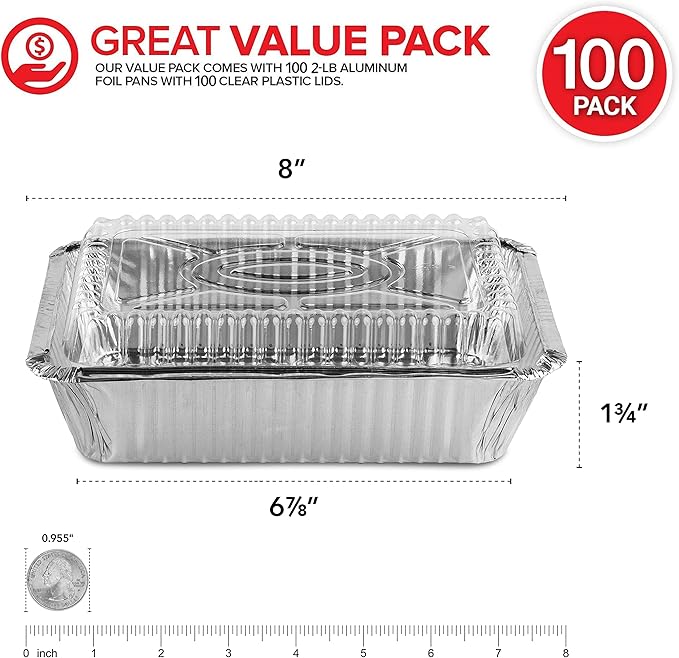 Stock Your Home 2 Lb Small Aluminum Pans with Lids (100 Pack) Foil Pan + Clear Plastic Lid, Disposable Cookware, Takeout Trays with Lids - To Go Disposable Food Containers for Restaurants & Catering