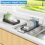 Small Dish Drying Rack Over The Sink, Compact Dish Rack with Silicone Mat for Kitchen Counter, Expandable Dish Drainers Drying Rack Used in Sink & on Countertop, Black