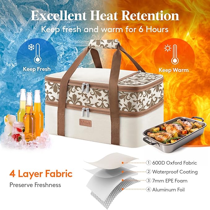 Lifewit Double Decker Casserole Carrier for Hot or Cold Food, Insulated Casserole Baking Dish Bag Food Carrier, Lasagna Holder for Potluck/Parties/Picnic/Cookouts, Fits 9"x13" Baking Dish, Cream