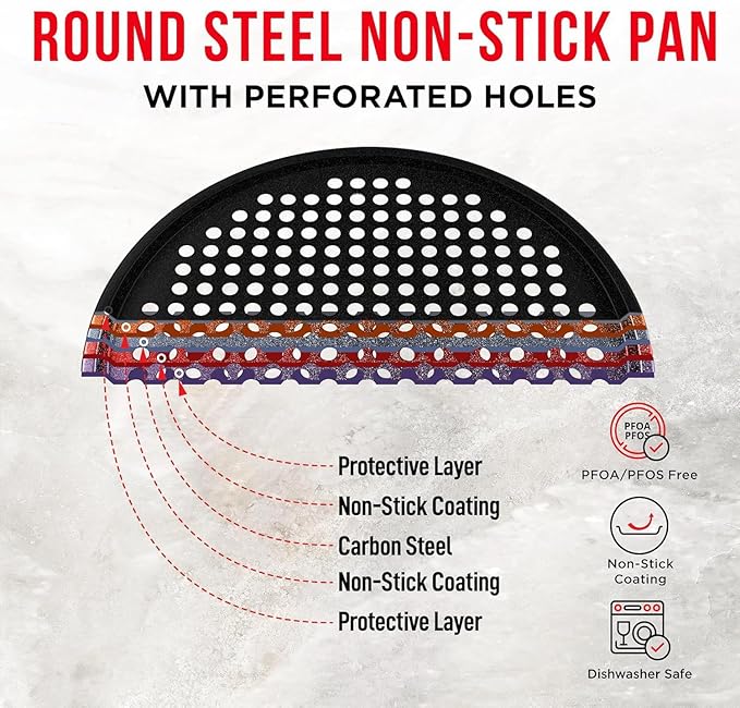 Non-Stick Pizza Pan 1 Pack, 13 Inch Round Carbon Steel Pizza Tray with Perforated Holes for Crispy Crust, PFOAPFOSPTFE Free, Dishwasher & Oven Safe Up To 450°F, Durable Nonstick Gray Marble Coating