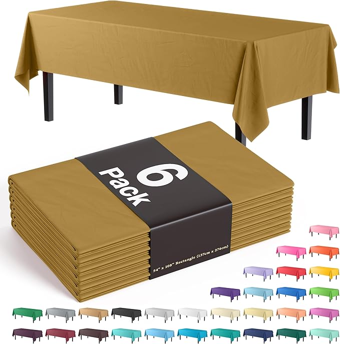 Exquisite 66% Thicker Premium Plastic Table Cloth Rectangle Table Cover 0.5 Mil 6 Pack Gold Table Cloth 54 Inch x 108 Inch Disposable Tablecloth Won't Tear Easily Like Cheap Thin Brands