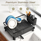 Dish Drying Rack - Small Dish Rack for Kitchen Counter, Stainless Steel Dish Drainer with Utensil Holder and Drainboard (Black)