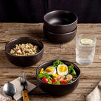 AmorArc Stoneware Cereal Bowls for Kitchen, 28oz Large Ceramic Soup Bowls Set of 4 for Meal, Oven, Microwave&Dishwasher safe Kitchen Bowls with Wavy Rim, Matte Black