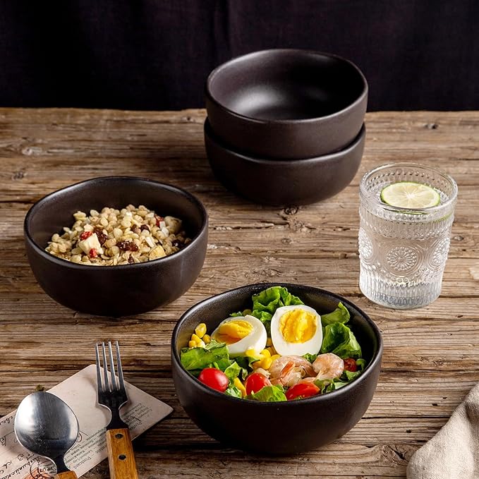 AmorArc Stoneware Cereal Bowls for Kitchen, 28oz Large Ceramic Soup Bowls Set of 4 for Meal, Oven, Microwave&Dishwasher safe Kitchen Bowls with Wavy Rim, Matte Black