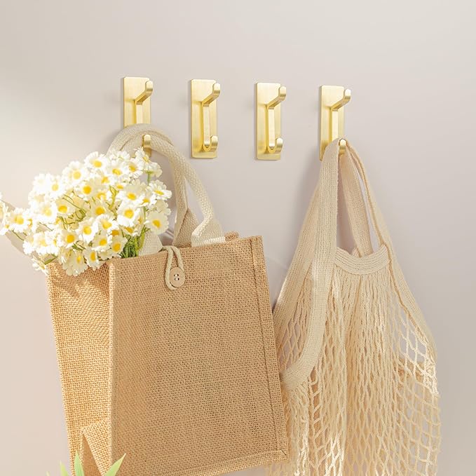 Self Adhesive Wall Hooks for Hanging: Extra Strong 13 LB, Hook for Coat, Towel in Bathrooms, Shower, Kitchen, Wall, Door Hook, Gold 12 Pack