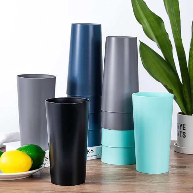 26-ounce Plastic Drinking Glasses Stackable Tumblers Water Cups Mixed Drinkware set of 12 Black, Reusable Shatter-resistant Dishwasher Safe