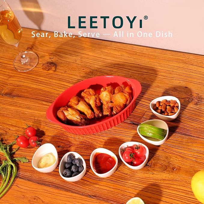 LEETOYI Porcelain Small Oval Au Gratin Pans, Baking Dish Set for 1 or 2 person servings, Bakeware with Double Handle for Kitchen and Home, Set of 2 (Red)