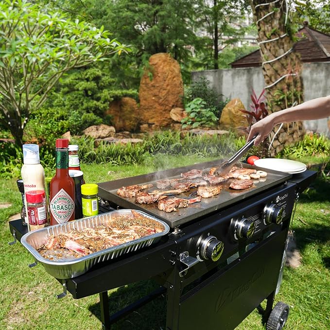 KingChii 28" 3-Burner Griddle with Counter Height Side Shelves, Powder Coated Steel, Black