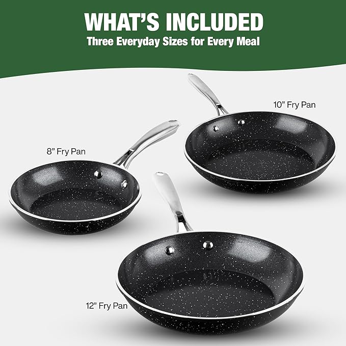 Granitestone 3pc Non Stick Frying Pans Set, 8,10,12 inch Ceramic Frying Pan Skillet Set, Non Toxic Frying pans Nonstick for Cooking, Induction Ready, PFAS & PFOA Free, Oven & Dishwasher Safe - Black