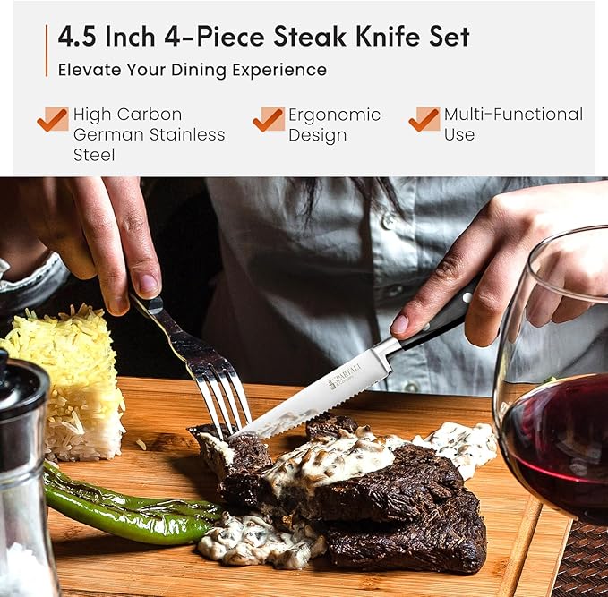 Spartali & Company Premium 4.5-Inch Steak Knife Set of 4 – Serrated Stainless Steel Blades with Ergonomic Handles – Razor-Sharp Cutlery for Effortless Meat Slicing – Dishwasher Safe, Rust-Resistant.