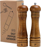 Wooden Salt and Pepper Grinder Set, Premium Oak Wood Salt Grinders Shakers, Pepper Mill with S and P Engraving, Adjustable Ceramic Grinder – 8 inches, 2 Pack