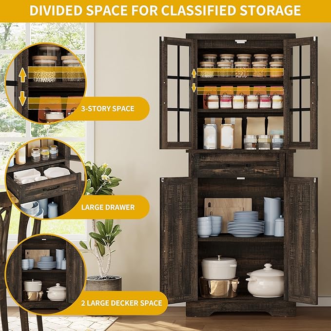 DWVO Farmhouse Kitchen Pantry Cabinet, 71" Tall Storage Cabinet with Adjustable Shelves & Glass Doors, Freestanding Kitchen Cupboard for Dining Room, Living Room, Dark Brown Oak