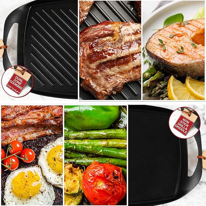 Techwood Stove Top Griddle, 17"X11" Nonstick Double Burner Griddle Pan for Indoor/Outdoor Cooking, PFOA Free, Oven & Broiler Safe, Compatible with Multiple Stovetops, Dishwasher Safe